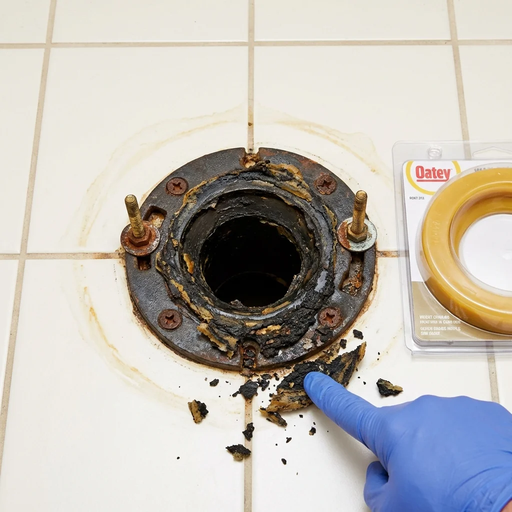 Failed wax ring showing water seepage at the base of a toilet in a Watertown, SD home