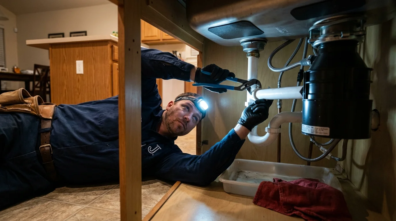 P-trap and supply line connections under a kitchen sink showing a common leak point in Watertown, SD